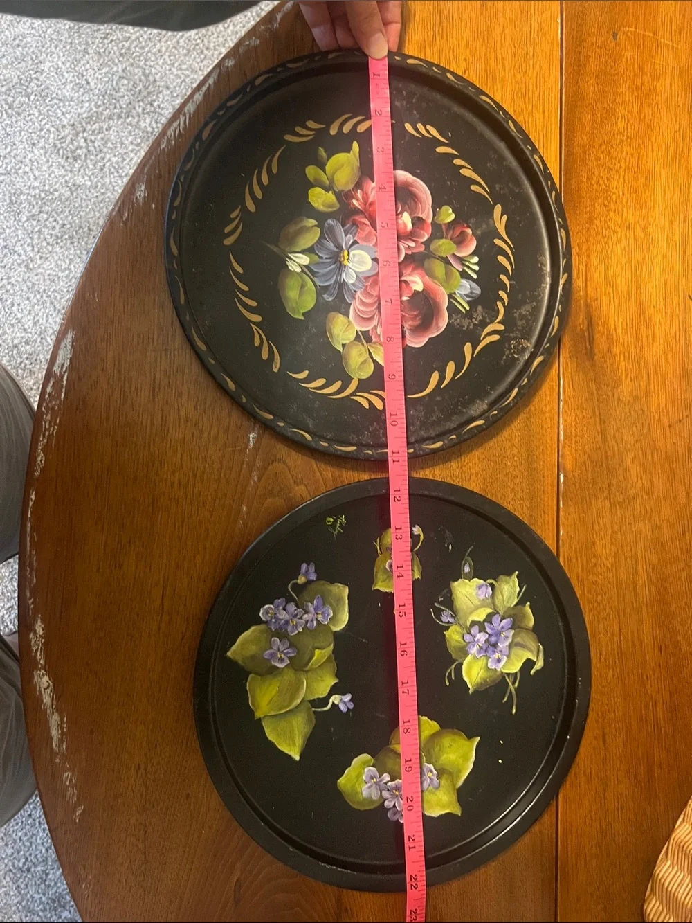 Vintage Hand-Painted Toleware Trays - Green & Purple Accents